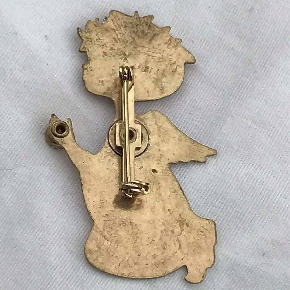 Angel Jeweled Brooch Pin Vintage Art Nouveau Gold-Tone Religious Christian